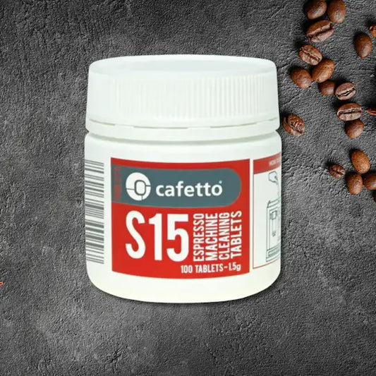 Cafetto S15 espresso machine cleaning tablets, 100-pack, available at Walcha Coffee for effective removal of coffee oils and residues.