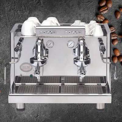 ECM Elektronika Due compact espresso machine with programmable dosing, rotary pump, and automatic backflush – ideal for cafés, carts, or offices.
