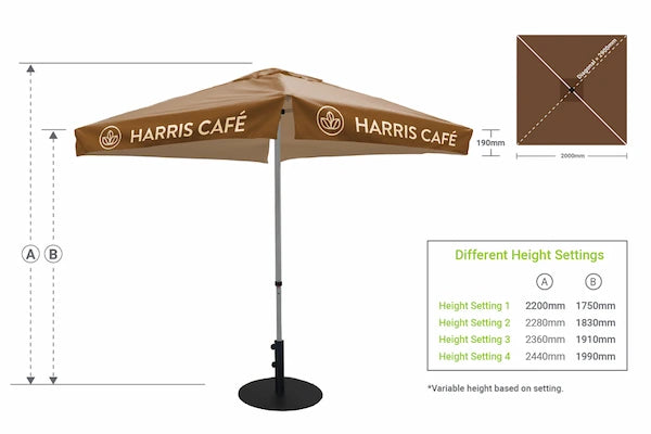 Brown Café printed market umbrella shown with size specifications, height settings, and a diagram of the 2m x 2m square canopy.