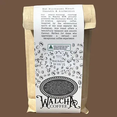 Back label of Walcha Coffee Nat Buchanan Blend 1kg – smooth and audacious specialty blend with flavour notes and roast details.