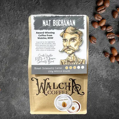 Walcha Coffee Nat Buchanan Blend 250g – award-winning specialty coffee with stonefruit and citrus notes, inspired by explorer Nat Buchanan.