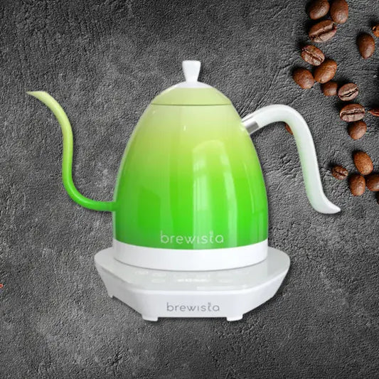 Brewista Artisan Gooseneck Kettle in green with variable temperature control, available at Walcha Coffee for precision pour-over brewing.