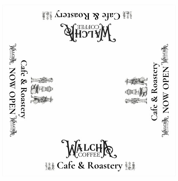 Top-down design proof of a cream Walcha Coffee café umbrella featuring the Walcha Coffee logo, vintage character illustrations, and “Café & Roastery / Now Open” text across all four panels.