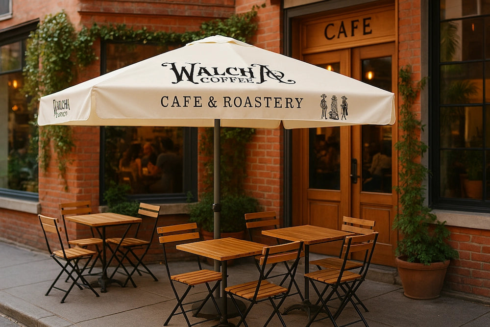 Cream Walcha Coffee café umbrella with logo and vintage illustrations shading outdoor tables in front of a warm, inviting café.