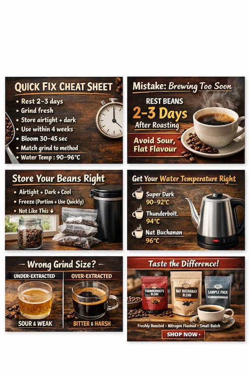 Quick fix cheat sheet for freshly roasted coffee beans including rest time, grind fresh, storage tips and water temperature guide.
