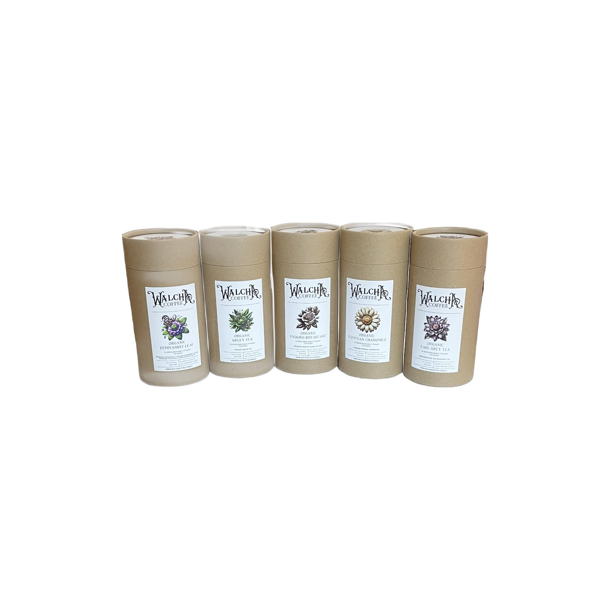 Walcha Coffee premium tea collection—biodegradable cardboard canisters holding compostable pyramid tea bags in black, green & herbal blends.