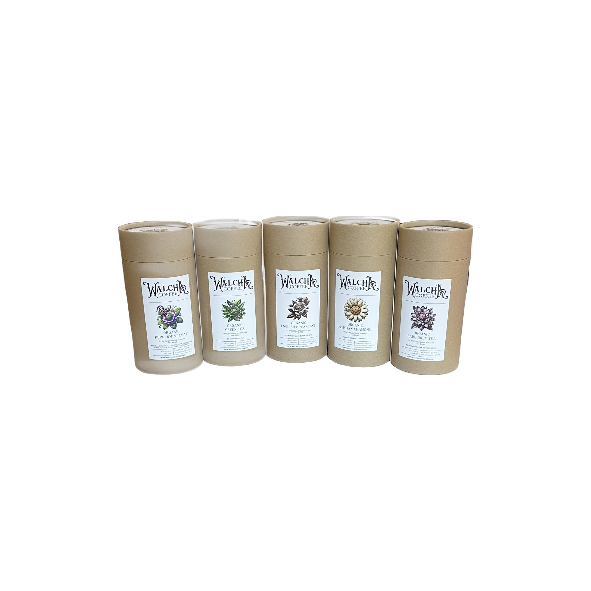 Walcha Coffee premium tea collection—biodegradable cardboard canisters holding compostable pyramid tea bags in black, green & herbal blends.