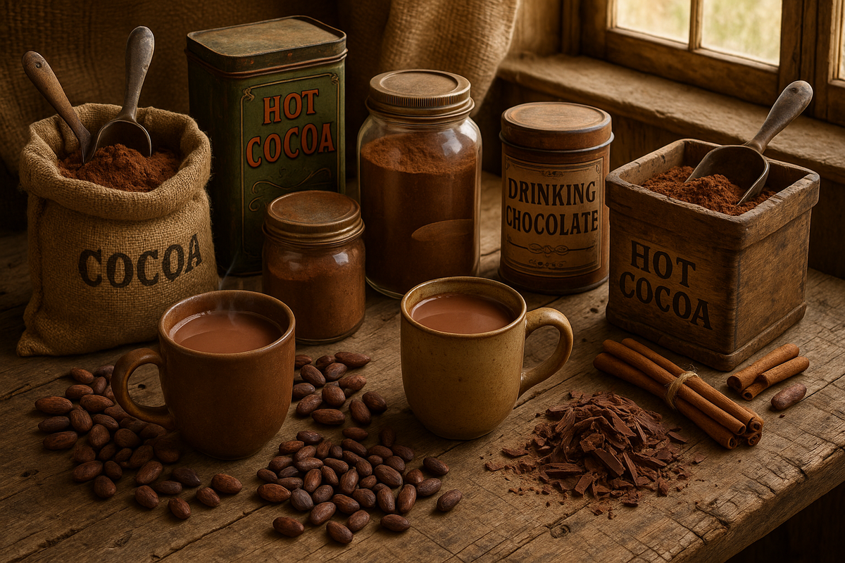 Rustic wooden table with Walcha Coffee Cocoda premium drinking chocolate: vintage hot cocoa tins, glass jars of cocoa powder, burlap sack labelled COCOA, scattered cocoa beans, cinnamon sticks and two steaming mugs – buy hot chocolate online Australia