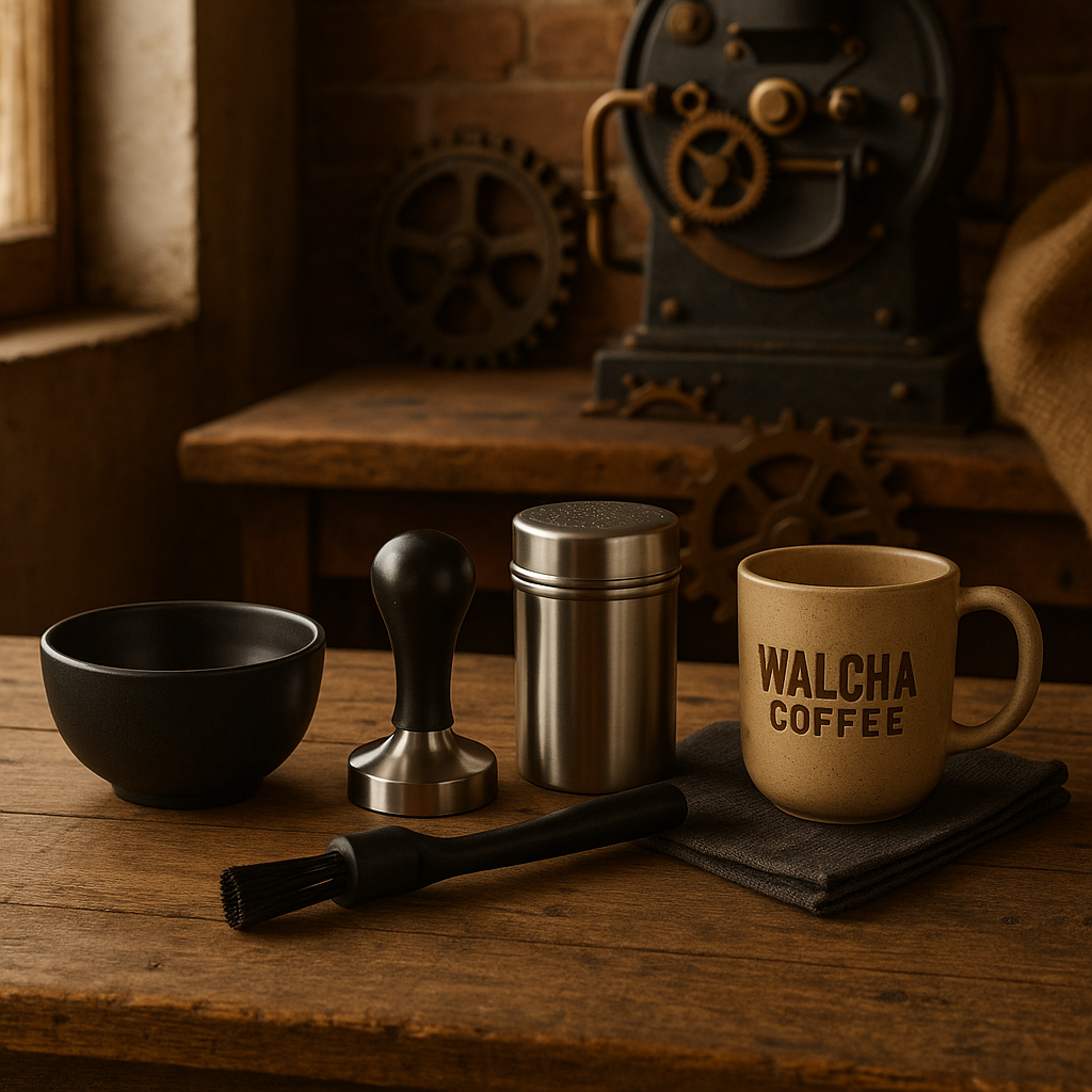 Rustic country coffee scene featuring Walcha Coffee accessories: matte black cupping bowl, stainless-steel tamper, cocoa shaker, barista brush and stoneware mug in front of an antique roaster—buy coffee accessories online Australia