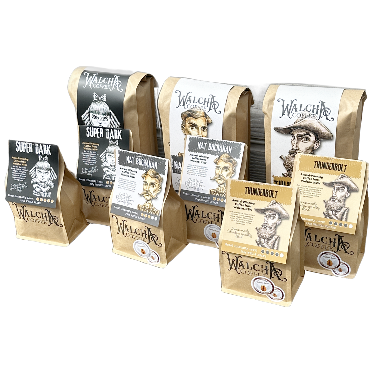 Buy coffee online Australia – Walcha Coffee Thunderbolt, Nat Buchanan & Super Dark specialty blends in 1 kg whole-bean bags plus 250 g whole-bean and ground packs, perfect for coffee subscriptions.