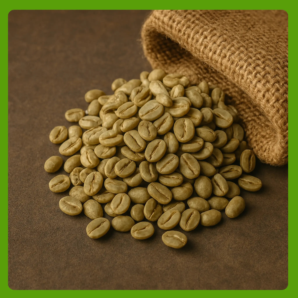 Unroasted green coffee beans spilling from a hessian sack, specialty-grade raw beans ideal for home roasting or wholesale supply.