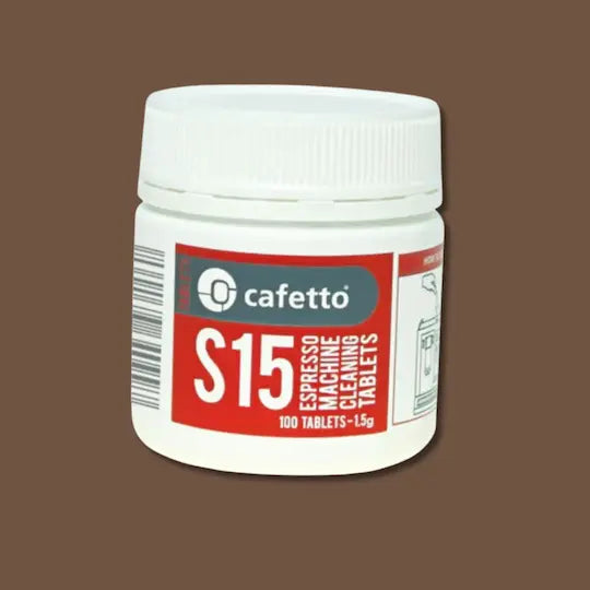Cafetto S15 espresso machine cleaning tablets, 100-pack, available at Walcha Coffee for effective removal of coffee oils and residues.