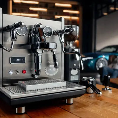 ECM Synchronika Edition No.1 espresso machine – limited AMG-Mercedes collaboration with dual boilers, PID control, and premium stainless steel design.