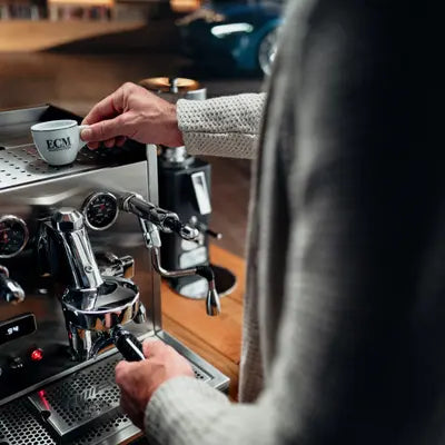 ECM Synchronika Edition No.1 espresso machine – limited AMG-Mercedes collaboration with dual boilers, PID control, and premium stainless steel design.