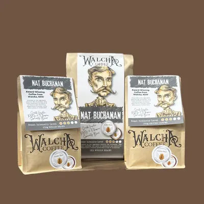 Walcha Coffee Nat Buchanan Blend range – 250g and 1kg specialty coffee bags featuring stonefruit sweetness and citrus notes.