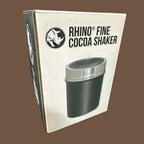 Rhino Fine Cocoa Shaker with stainless steel body and fine mesh top – perfect for dusting cappuccinos, lattes, and hot chocolates at Walcha Coffee.