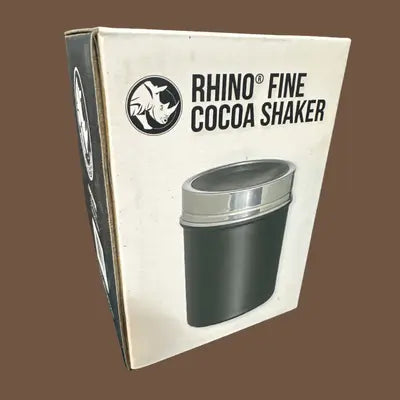 Rhino Fine Cocoa Shaker with stainless steel body and fine mesh top – perfect for dusting cappuccinos, lattes, and hot chocolates at Walcha Coffee.