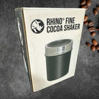 Rhino Fine Cocoa Shaker with stainless steel body and fine mesh top – perfect for dusting cappuccinos, lattes, and hot chocolates at Walcha Coffee.