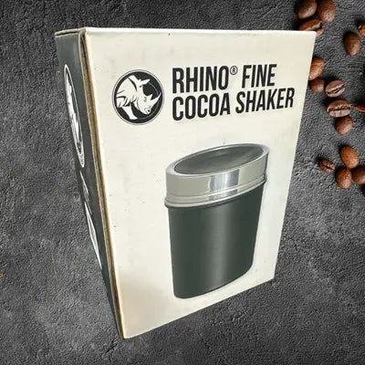 Rhino Fine Cocoa Shaker with stainless steel body and fine mesh top – perfect for dusting cappuccinos, lattes, and hot chocolates at Walcha Coffee.
