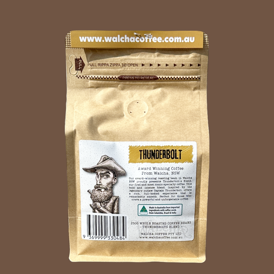 Thunderbolt’s Blend coffee back of bag by Walcha Coffee — specialty espresso blend roasted in Walcha, NSW.