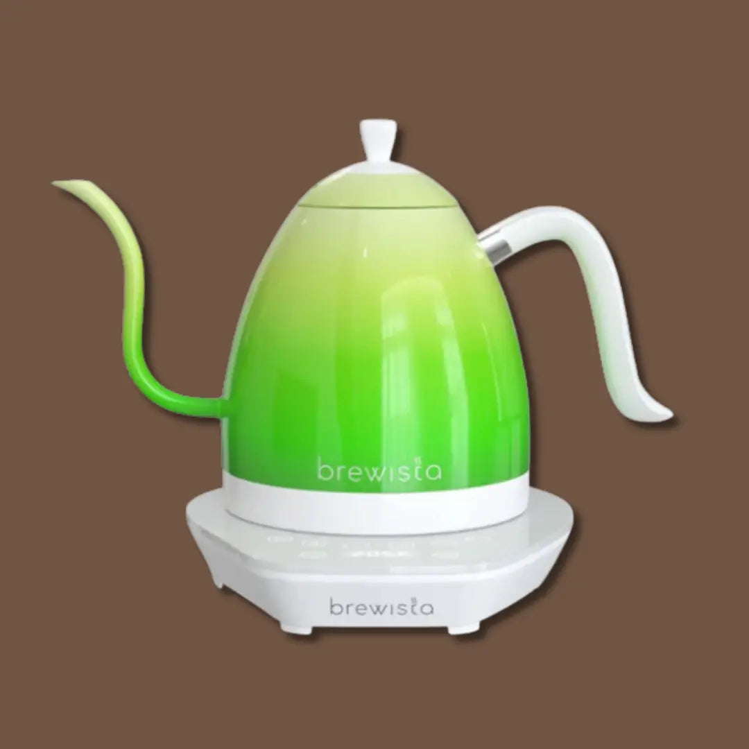 Brewista Artisan Gooseneck Kettle in green with variable temperature control, available at Walcha Coffee for precision pour-over brewing.
