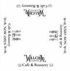 Top-down design proof of a cream Walcha Coffee café umbrella featuring the Walcha Coffee logo, vintage character illustrations, and “Café & Roastery / Now Open” text across all four panels.